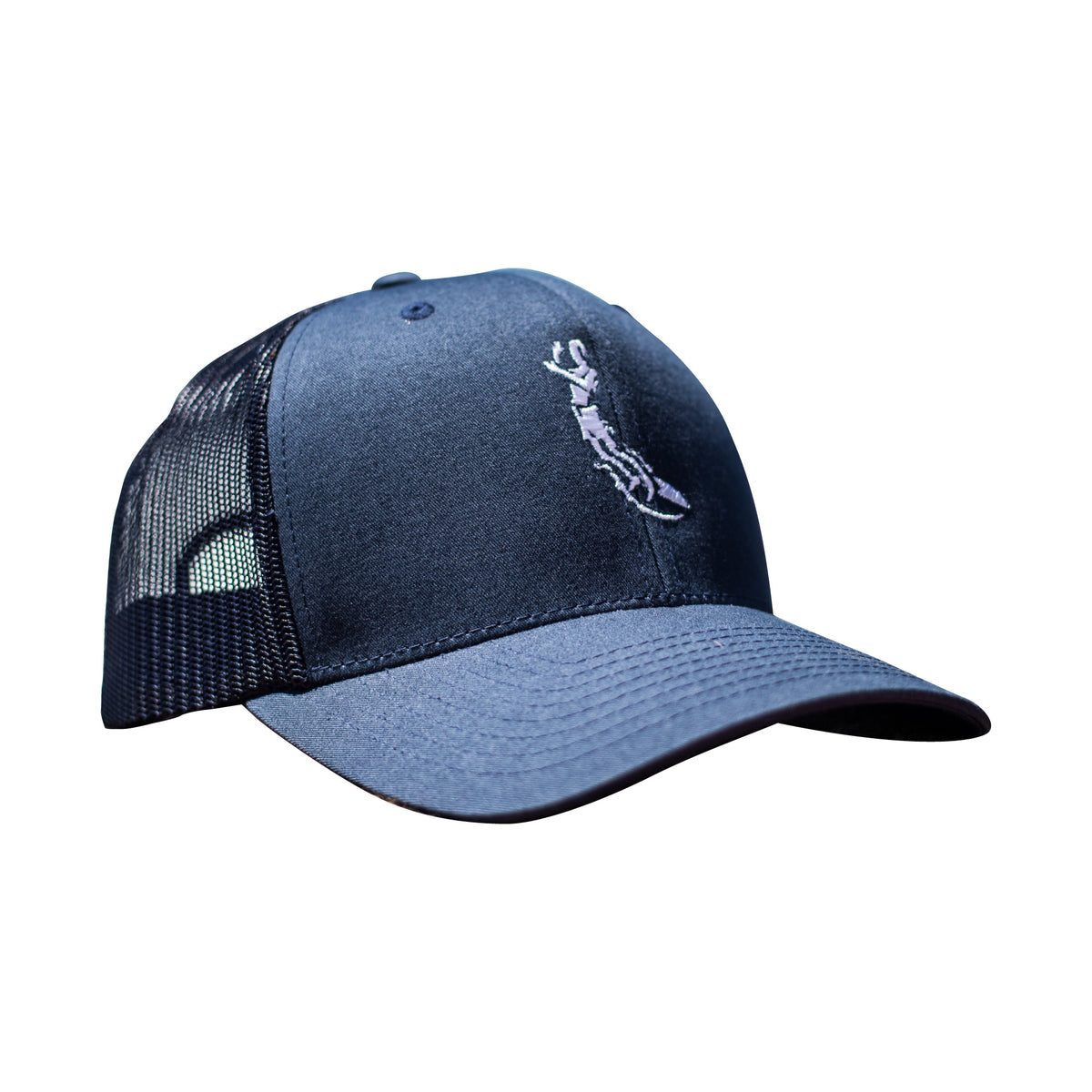 Mens 5 panel trucker hat in navy. front center embroidery of severson surfer icon in white. Back is snap back closure.